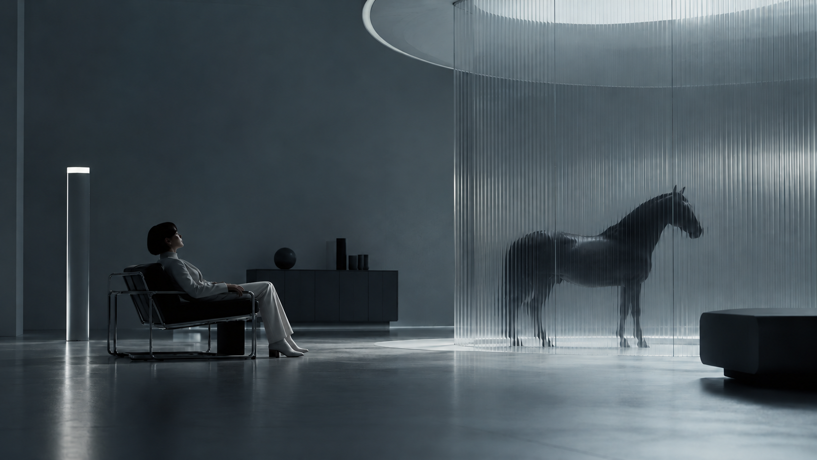 A contemplative futuristic atelier with a seated visitor and a sculptural horse behind translucent glass