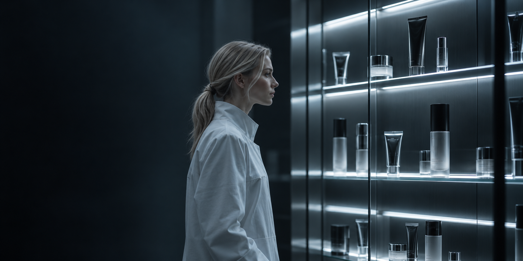 An ash-blonde woman in a white jacket studying skincare in a cool illuminated laboratory