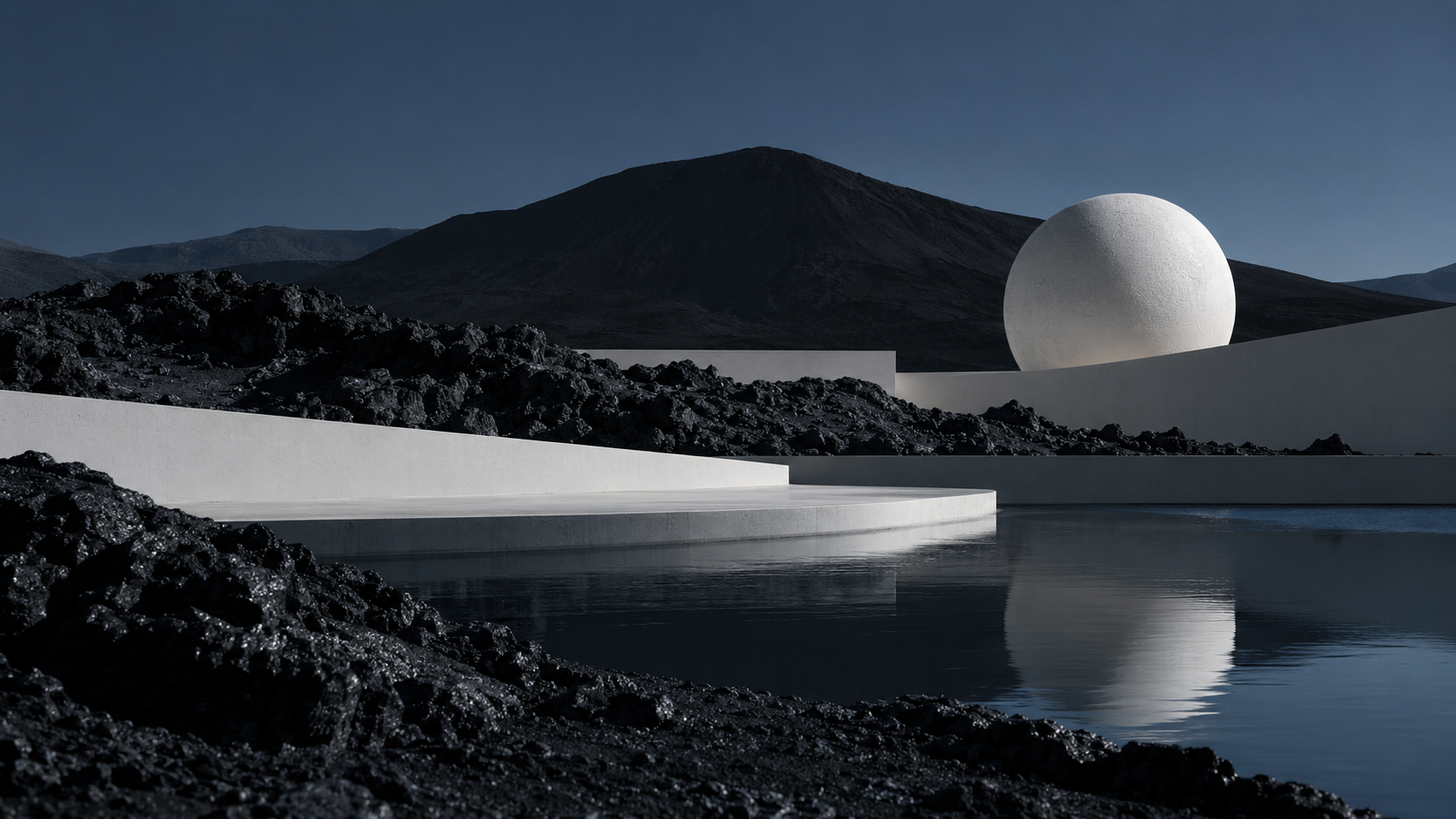 A sculptural white sphere and architecture reflected in dark water beside volcanic rock