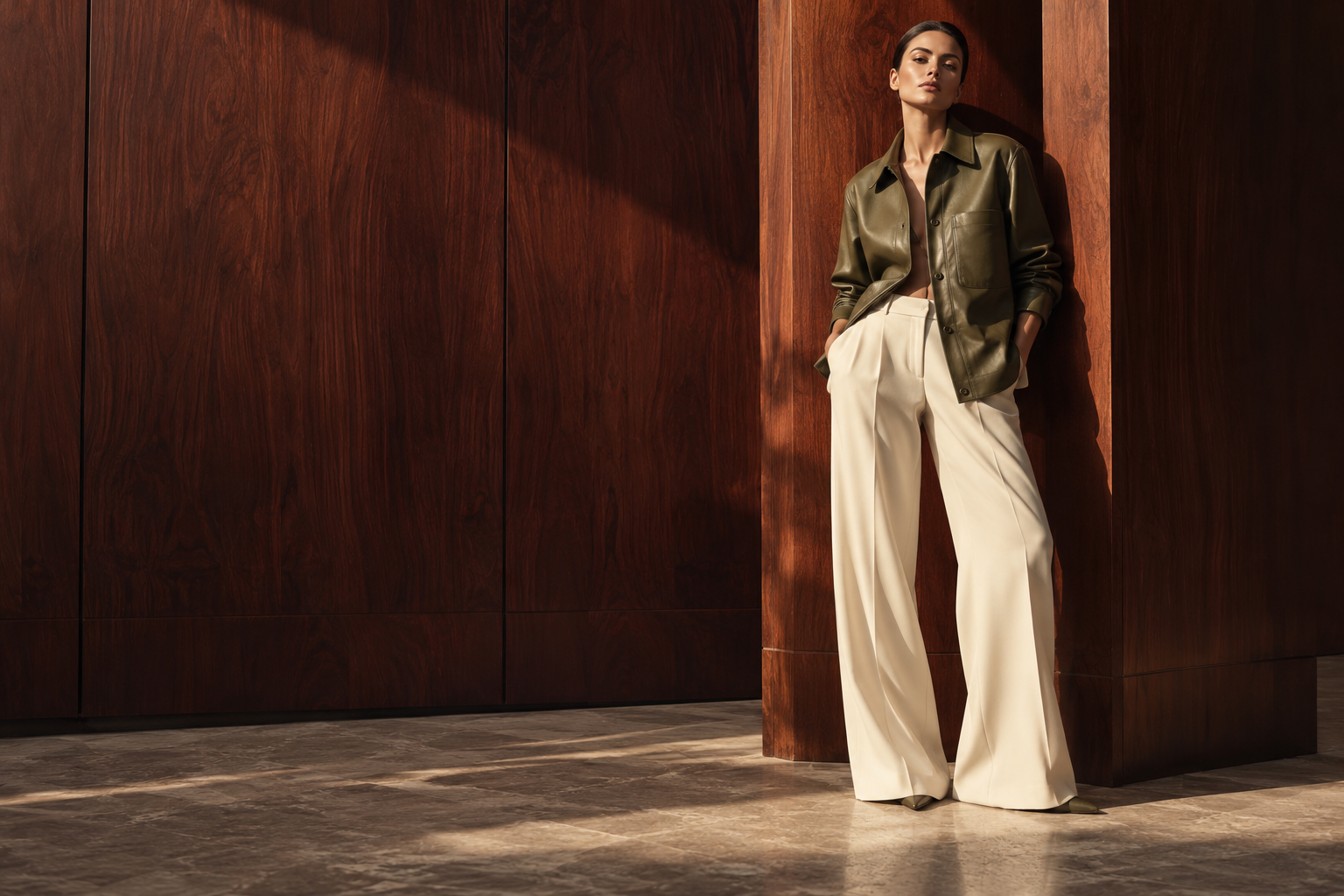 Model in an olive leather jacket and ivory tailoring against a walnut wall