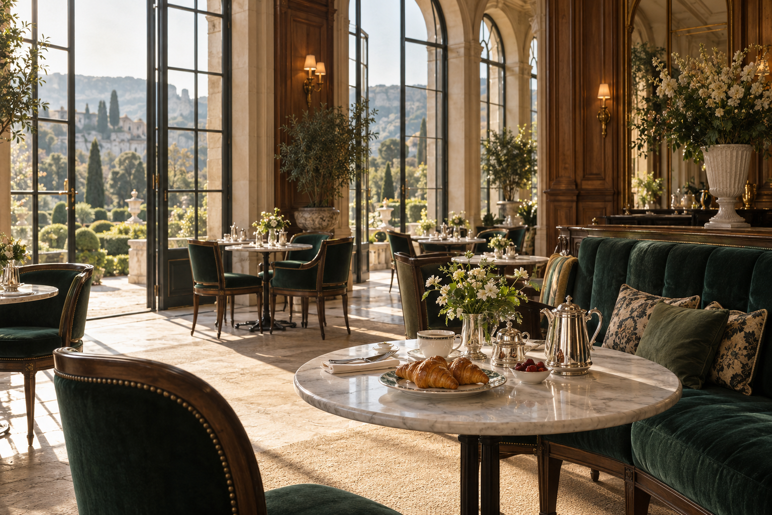 The château orangery café, marble tables and emerald banquettes in morning sun
