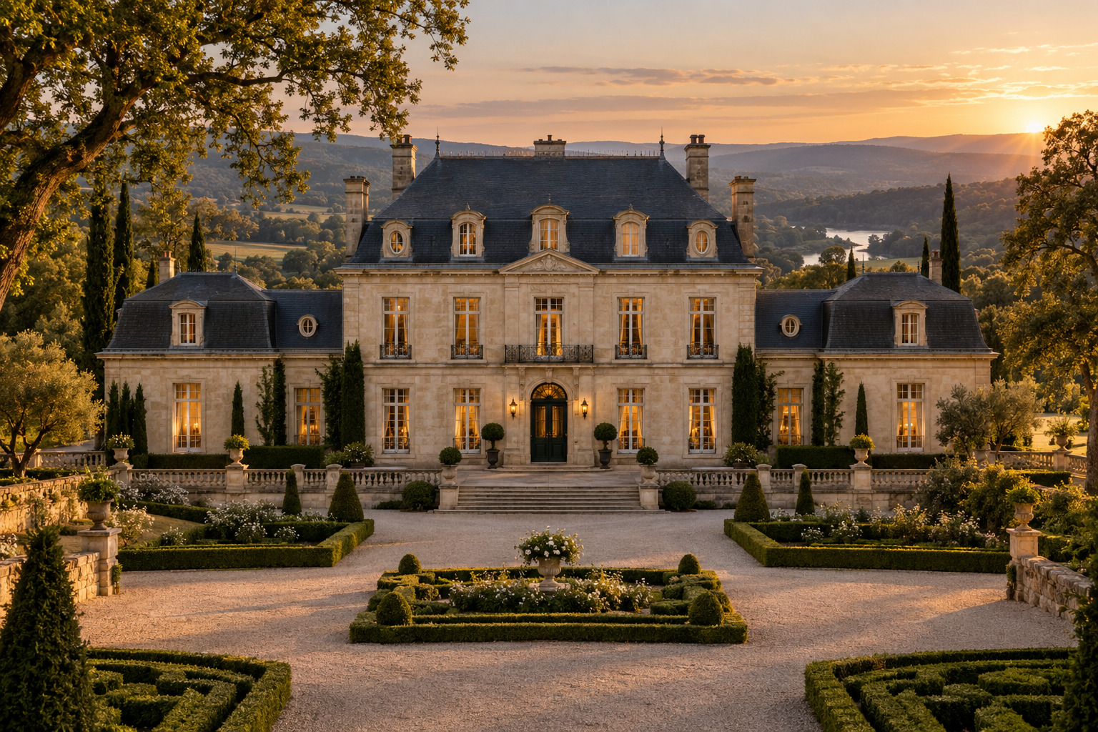 An elegant limestone château overlooking formal gardens at golden hour