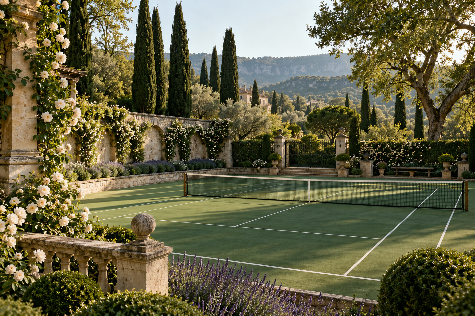 A secluded tennis court surrounded by cypress trees and flowering gardens