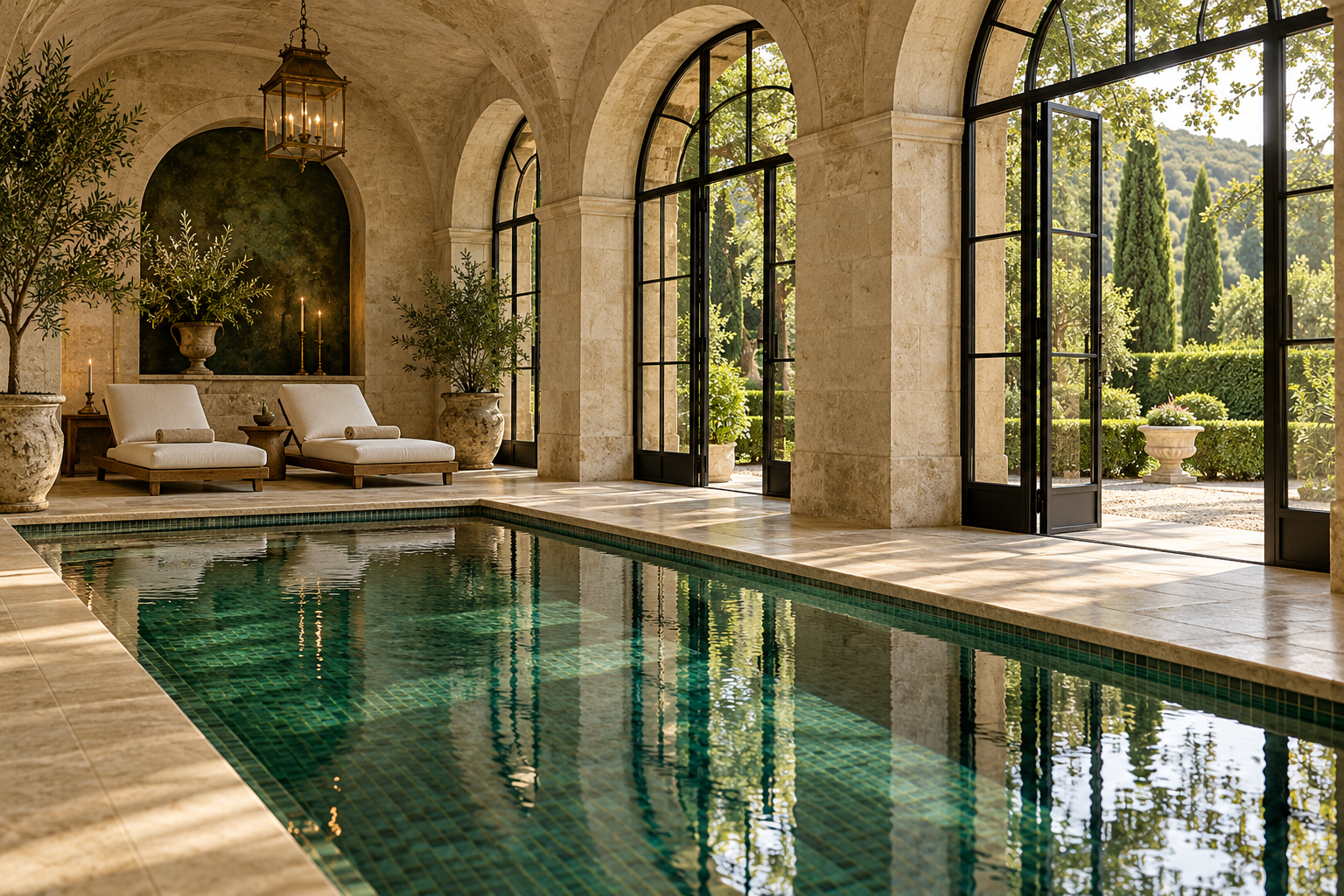 Emerald indoor pool under limestone arches