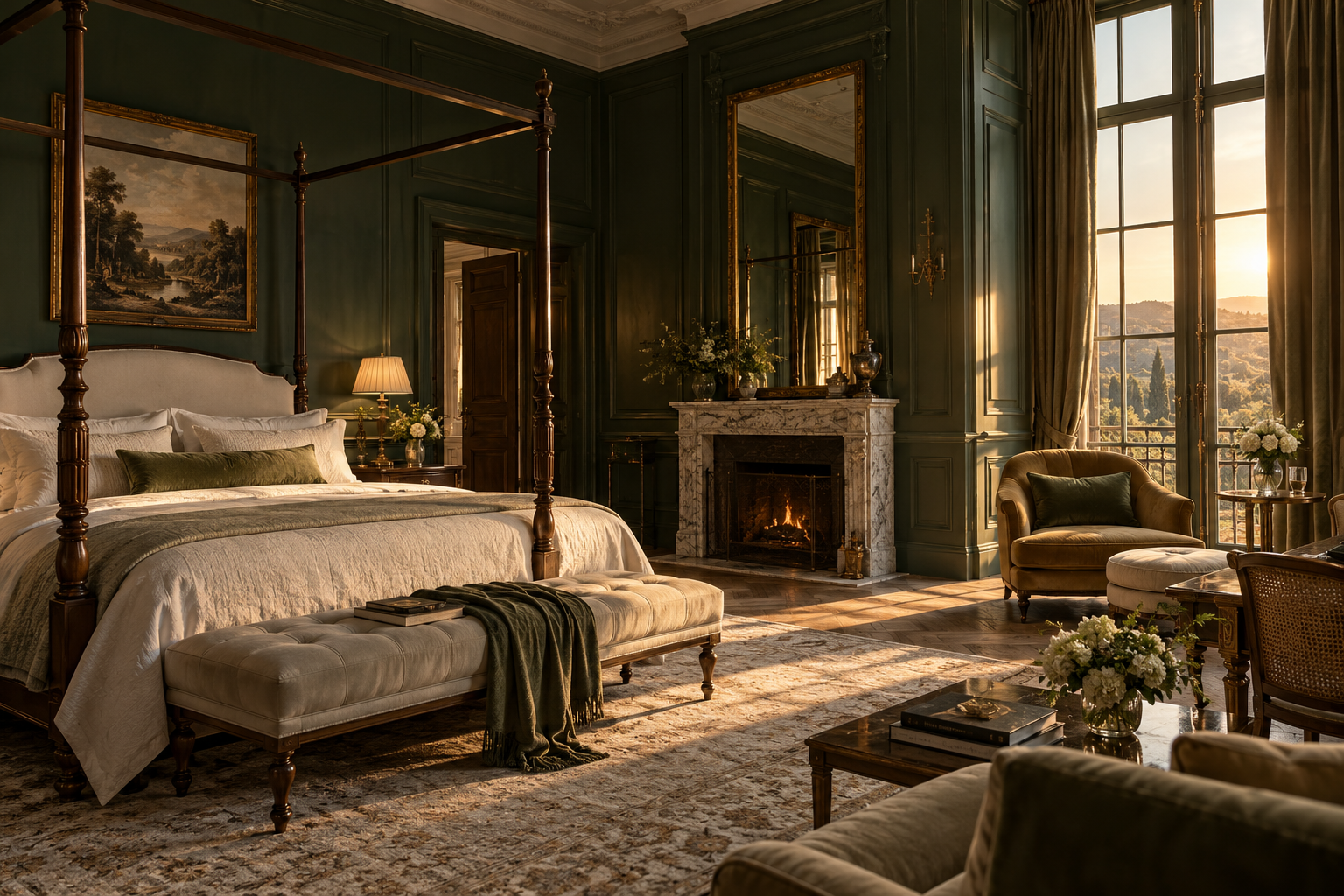 The Royal Suite, with a four-poster bed and emerald panelled walls