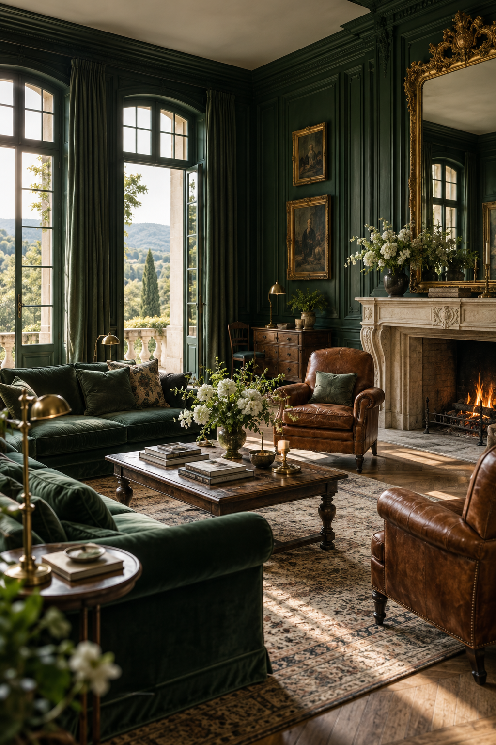 The emerald-panelled grand salon with antique furnishings and afternoon light